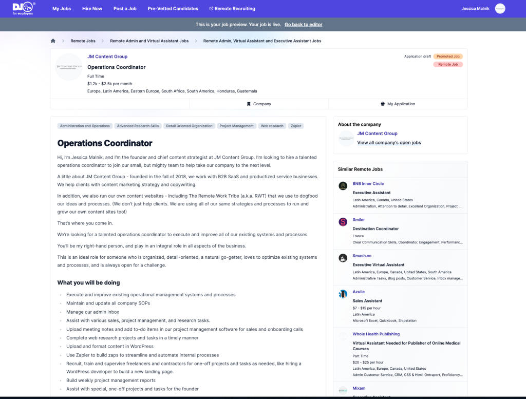 operations coordinator job ad on Dynamite Jobs 